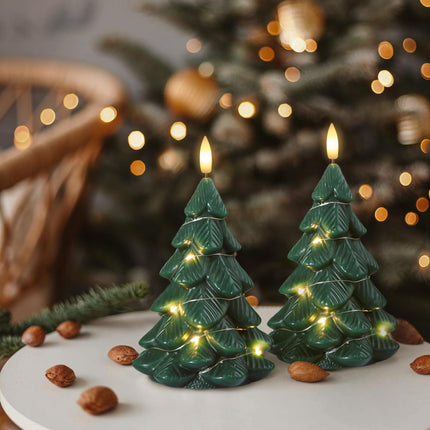 Flameless Flickering Remote Christmas Tree Shaped Candles with Light Strings, 4" x7" LED Battery Operated Green Handmade Carved Wax Timer 2 Pack Candles for Xmas Eve, Year, Christmas