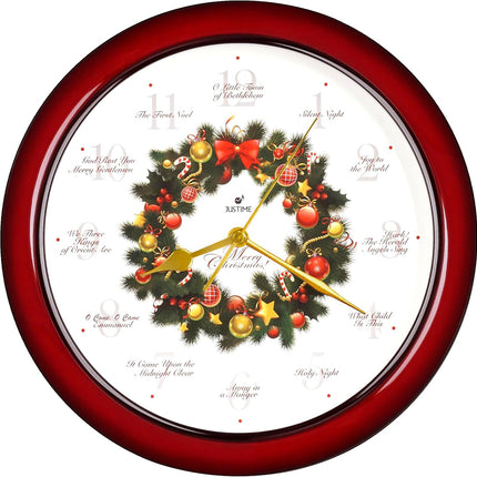 JUSTIME 14-inch 12 Song of Carols of Christmas Wreath Melody Wall Clock Christmas Musical Clock Chime Wall Clock in Wall Christmas Home Decor Wall Deco Round Wall Clock Red