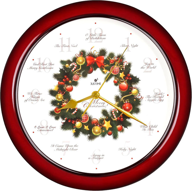 JUSTIME 14-inch 12 Song of Carols of Christmas Wreath Melody Wall Clock Christmas Musical Clock Chime Wall Clock in Wall Christmas Home Decor Wall Deco Round Wall Clock Red