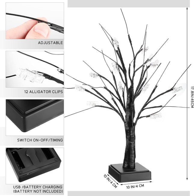2 Pcs Money Tree Holder 17" 1.5 ft Lighted Tabletop Birch Tree with LED Lights with 24 Clips Card Tree USB Powered Timer Display for Photo Wedding Birthday Christmas(Black, Cool Style)