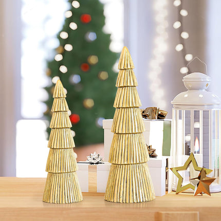 Christmas Tree Figurine, Table Top Small Gold Christmas Decorative Statues, Set of 2 Desk Centerpieces for Neutral Christmas Decor, Modern Mantle Christmas Decorations,