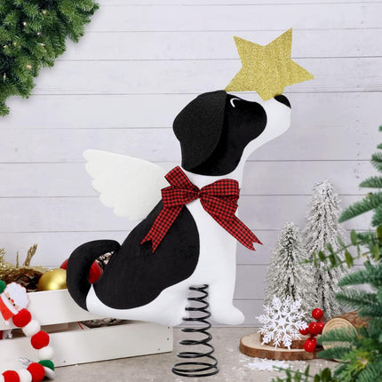 Dog Christmas Tree Topper with Glitter Star & Wings Xmas Tree Ornament Black and White Puppy Winter Holidays Home Decoration Puppy Wreath Attachment Festive Ideas Supplies