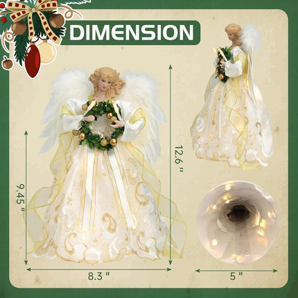 Angel Christmas Tree Topper, 14" Gold Angel Treetopper, 10Led Angel Tree Topper with Wings, Indoor Christmas Decors, Home Ornaments (Gold-Garland)