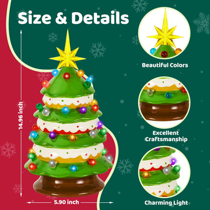 Tfro & Cile Ceramic Christmas Tree Decor 15 Inch Xmas Indoor Statue Tabletop Home Decoration Battery Powered LED Light for Party