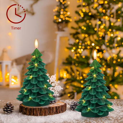 DRomance Christmas Tree Flameless Candles String Lights with 11-Key Remote and Timer, 2 Pack Green Real Wax Battery Operated 3D Wick LED Flickering Candles Dinner Holiday Indoor Decor(3" x 7.1")