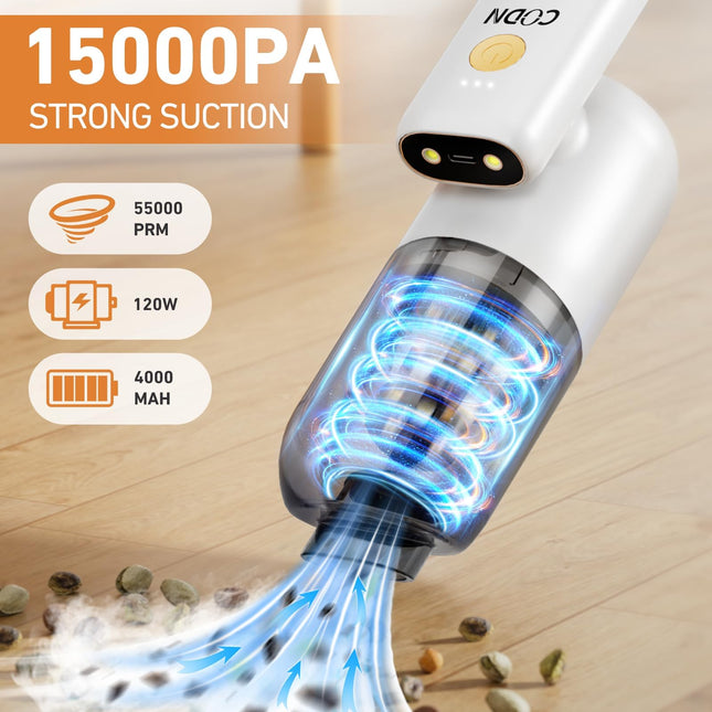 Handheld Car Vacuum Cleaner, 4 In 1 Vacuum Cleaner 15000Pa, 180° Rotatable 120W Power Car Vacuum Cleaner With Led Light And Nozzles For Car, Home