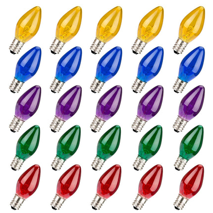 25 Pack 5W 120 Volt E12 Socket C7 Multicolor Christmas Replacement Bulbs, C7 Outdoor Indoor String Light Replacement Bulbs