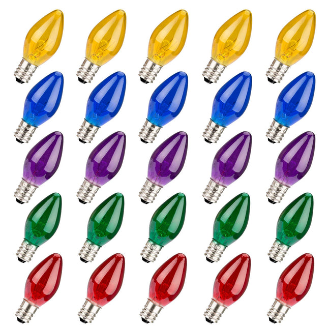 25 Pack 5W 120 Volt E12 Socket C7 Multicolor Christmas Replacement Bulbs, C7 Outdoor Indoor String Light Replacement Bulbs