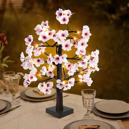 Uieke 24IN Lighted Cherry Blossom Tree 24 Warm White LED Tabletop Artifical Bonsai Tree with Timer Battery Operated for Wedding Party Spring Christmas Home Indoor Japanese Room Decor