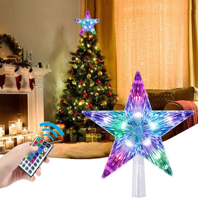 Christmas Tree Topper Lanyazet 9.5inch 24 Modes Color Changing with Versatile Remote Controller 3AA Battery Powered Christmas Star Tree Topper Light for Xmas Tree Decoration（Indoor and Outdoor ）