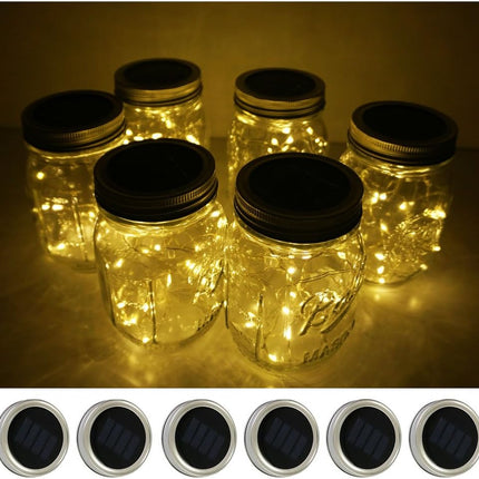 Decorman Solar Mason Jar Lid Lights, 6 Pack 20 LED Waterproof String Fairy Star Firefly Jar Lids Lights for Patio Garden Yard Lawn Party Wedding Christmas Decoration(Jars & Hangers Not Included)