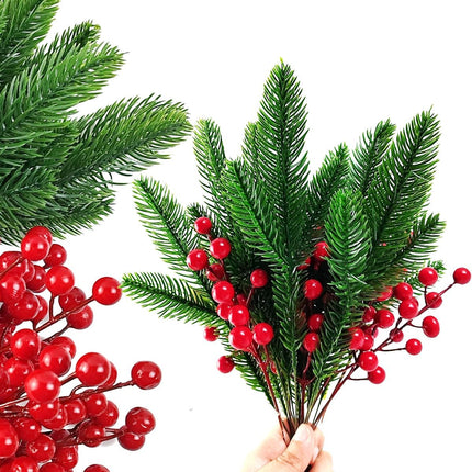 32PCS Artificial Pine Branches Christmas Holly Berries Artificial Red Berry Stems for Christmas Wreath Decorations Xmas Tree Decoration