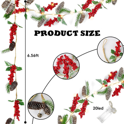 6.6FT Prelit Christmas Garland with 20 LED Lights Battery Operated Christmas Garland with Pine Cone Red Berries Lighted Christmas Garland Decoration for Mantle Stairs Fireplace