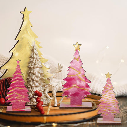 6 Pcs Pink Gold Wooden Christmas Trees Tabletop Decor Rustic Wood Christmas Trees Xmas Centerpieces Table Wooden Signs Farmhouse Table Home Decor for Home Office Farmhouse