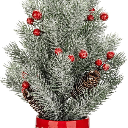 Small Christmas Tree Tabletop Snowman Potted Plants with Vase 14.2" Artificial Mini Xmas Tree Decorations Slim Pine Needles Plant with Christmas Ball Ornaments Berries Pine Cones Home Christmas Decor
