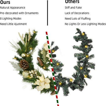 Adeeing 6 FT Christmas Garland with Lights, Pre-lit Outdoor Garland with Battery Operated 20 LED Lights, Holiday Garland with Stars, Flower, Berry Branches(Gold)
