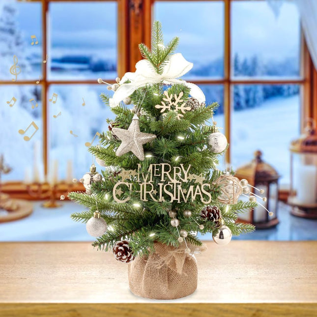 Mini Christmas Tree, Tabletop Small Christmas Tree Green Prelit Christmas Tree with Music Artificial Xmas Tree with Xmas Ornaments Christmas Decorations Indoor Outdoor for Home Party