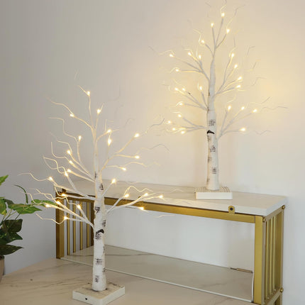 22 Inch Lighted Birch Tree, Pre-Lit White Birch Twig Tree Lights, Battery Operated Tabletop Tree Lights, Mini Artificial Trees with Lights for Centerpiece Mantel Home Decor, 2 Pack