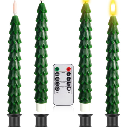 Christmas Tree Candles with Remote, 9.8 Inch Waxy Flameless Taper Candle, 4Pcs LED Battery Operated Window Candlesticks with Holder, 3D Flame Flickering Light with Timer for Christmas Decorations