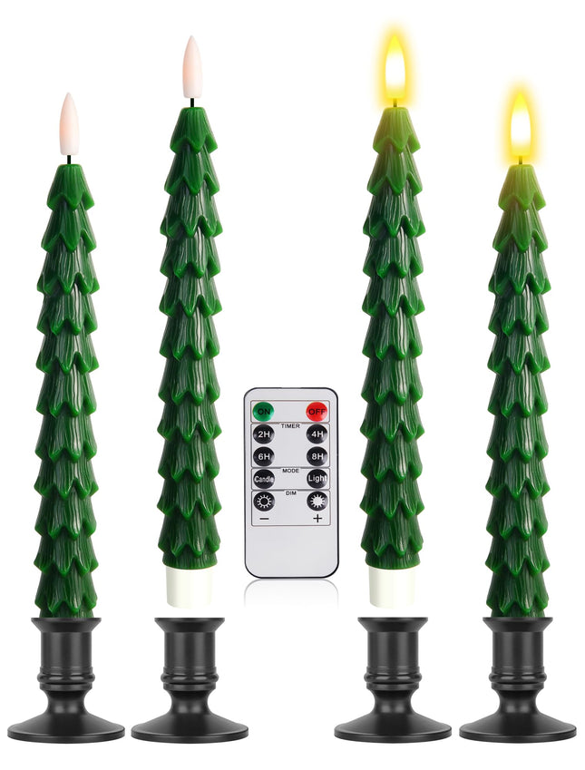 Christmas Tree Candles with Remote, 9.8 Inch Waxy Flameless Taper Candle, 4Pcs LED Battery Operated Window Candlesticks with Holder, 3D Flame Flickering Light with Timer for Christmas Decorations