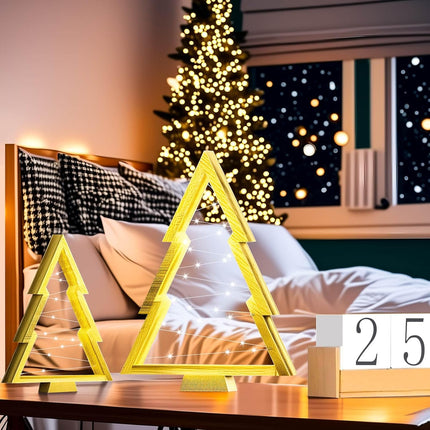Wooden Christmas Tree, Modern Farmhouse Lights Christmas Tree, Tabletop Christmas Decor 2-Piece Set(Large 13.78" & Small 9.6") fit for Mantelpiece, Coffee Table, TV Cabinet