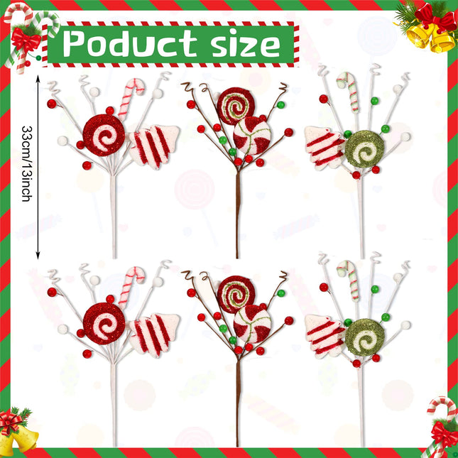 Jutom 12 Pcs Christmas Tree Picks Candy Cane Decor Candy and Lollipop Pick Christmas Tree Decoration Red Green and White Stripes Christmas Ornaments for Xmas Tree Home Decorations Holiday