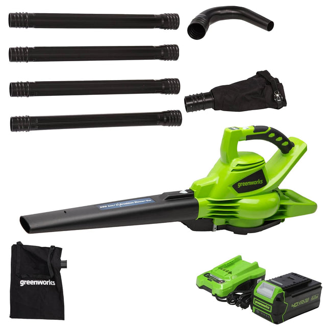 Greenworks 40V (185 MPH) Brushless Cordless Blower / Vacuum with GK0A00 Universal Gutter Kit