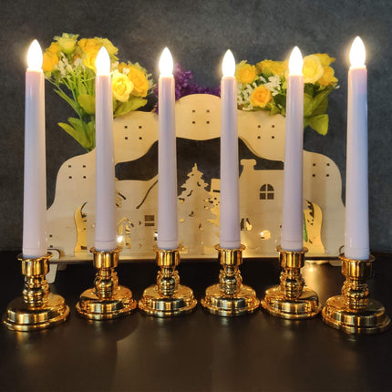 POWER Flameless Window Candles with Gold Candle Bases, Battery Operated Taper Candle with 4H/6H Daily Timer, Remote Window Candle with Unique Flame