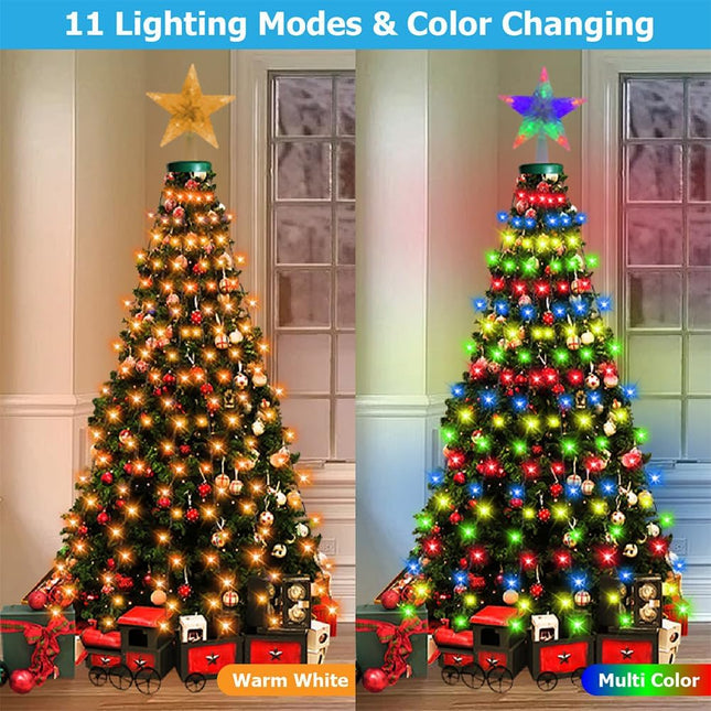 LED Christmas Tree Lights, 6.6 FT x 16 Warm White & Multicolor String Lights with Star Topper, Xmas Tree Decor, Christmas Ornaments Lights with Timing Function & 11 Modes Remote Control