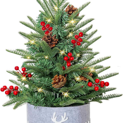 Pre-lit Tabletop Artificial Mini PE Christmas Tree - 21" Little Xmas Tree with LED Lights and Fence Base for Home Office Holiday DIY Décor