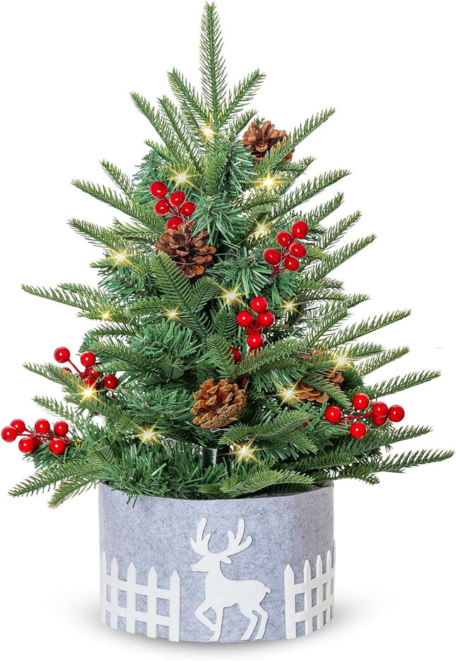 Pre-lit Tabletop Artificial Mini PE Christmas Tree - 21" Little Xmas Tree with LED Lights and Fence Base for Home Office Holiday DIY Décor
