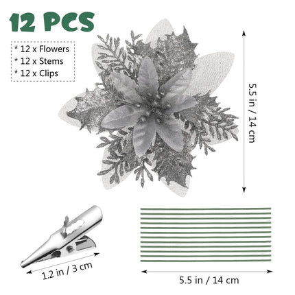 Christmas Glitter Poinsettia Xmas Artificial Flowers Decorations with Clips and Stems Glitter Christmas Tree Fake Flowers for Christmas Wreath Door Garland Xmas Tree Wedding Year