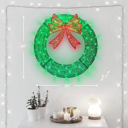 Lighted Christmas Wreath Outdoor Decorations, 24in Small Christmas Wreath 110 Lights with 8 Flashing Effects, Prelit Wreath Plug-in and Battery Operated with Timer for Door, Window, Garage-Green