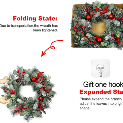 22 Inch Christmas Wreath Christmas Wreaths for Front Door Artificial Winter Wreath with Red Balls Holly Berries Pine Cones and Eucalyptus Leaves for Xmas Holiday Wall Fireplace Porch