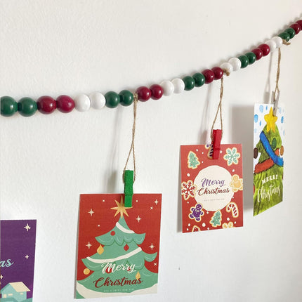 Christmas Hanging Photo Display With 9 Clips, Wooden Bead Garland, Boho Style Collage Photo Frame Decoration for Dorms, Classrooms, Bedrooms