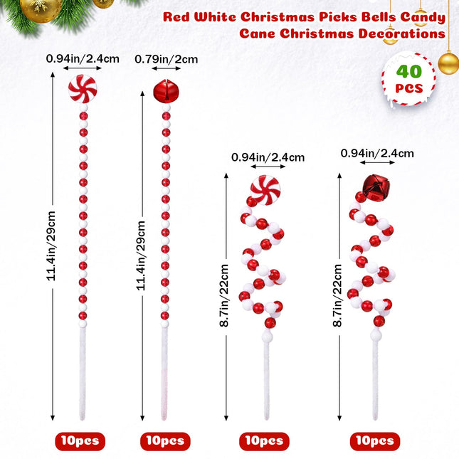 Liliful 40 Pcs Candy Cane Christmas Decoration Red Green Christmas Hanging Ornaments Including Plastic Twisted Lollipop Strips and Bells Strips for Xmas Holiday Table Centerpiece(Red, White)