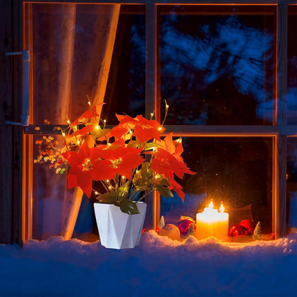 Christmas Decorations Set for Home Indoor Outdoor, Christmas Artificial Red Poinsettia Flowers Bouquet with Lighted Tree Twig Branches Light, Battery Operated with Timer, Decorative Sticks Vase Filler