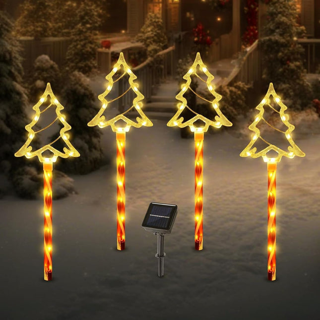 Solar Christmas Pathway Lights, Solar Tree Lights with Candy Cane Christmas Decorations Outdoor, Waterproof Solar Garden Stake Lights for Patio, Yard, Garden, Lawn Christmas Holiday Decor, 4 Pack