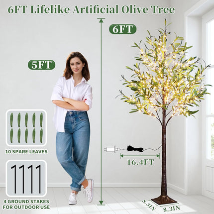 Artificial Lighted Olive Tree, Vanthylit 6ft Faux Plant Tree with 300 LED Fairy Lights, Prelit Fake Eucalyptus Greenery Tree Light with Leaves and Fruits Indoor Outdoor Home Bedroom Christmas Decor
