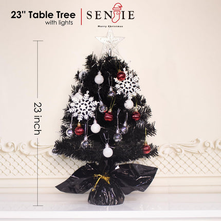 Senjie 23 Inch Mini Christmas Tree with LED Lights and Ornaments for DIY Christmas Decoration, Black