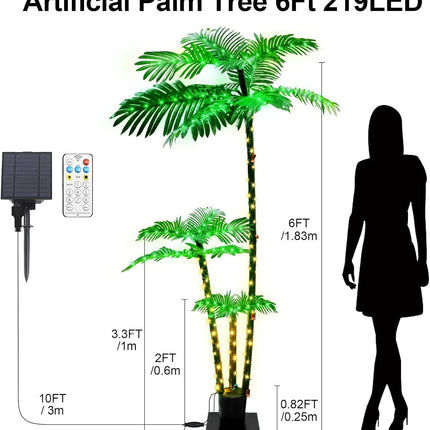 Artificial Palm Tree 6Ft 3Trunks 219LED Christmas Tree 8 Modes Timer Memory Function Lights Fake Plant Tree for Outside Patio Home Pool Yard Patio Hawaiian Office Party Tiki Bar Decor