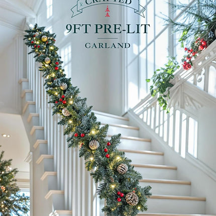 Pre-lit Christmas Garland 9FT - with Red Berries & Pine Cone Pair of Holiday Artificial Decor for Stairs Wall Door Indoor Outdoor Garland with Battery Operated Timer