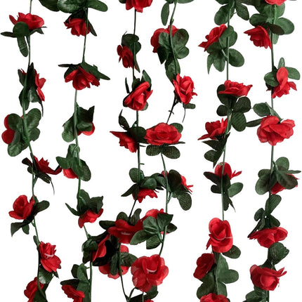 8Pcs 63Ft Red Rose Garland, Fake Flower Garland Rose Vines, Artificial Rose Vine Flowers, Rose Hanging Flowers Garland for Party Wedding, Garden, Room Table, Christmas, Backdrop Wall Arch Decor