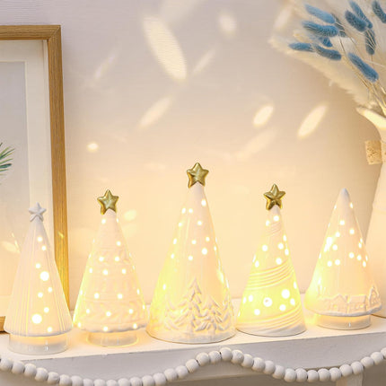 Nuenen 8 Pcs Lighted Ceramic Christmas Tree LED White Decorations Christmas Tree with Lights Winter Porcelain Christmas Village Sets for Tabletop Shelf Mantle Cabinets Office Desktop Decor