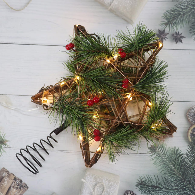 Rustic Christmas Tree Topper Star, 30 LED Rattan Natural Star Christmas Decorations with Timer, Vintage Christmas Ornaments for Indoor Office Farmhouse Holiday Christmas Tree Decorations, Warm White
