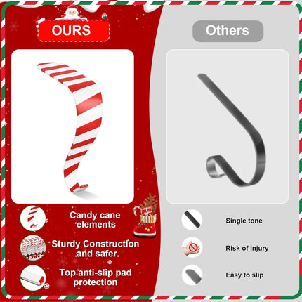 Christmas Stocking Holders for Mantle Set 4, Lightweight Metal Stocking Hangers Adjustable Candy Cane Stocking Hooks for Fireplace Widened Non-Skid Stocking Holders for Christmas Decoration