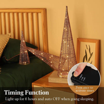 Lewondr Christmas Cone Trees, Set of 3 Christmas Tree with Lights and Glitters(24"/18"/12"), Battery Powered Decorative Straightened Thread Christmas Tree for Home Holiday Xmas Décor, Champagne Gold