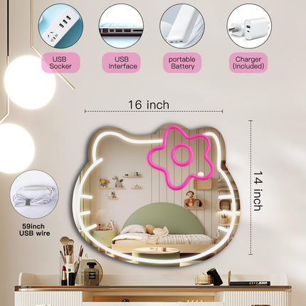 Hello Kit Neon Sign Anime Cute Cat Neon Light up Mirror Kawaii Neon Sign Room Decor for Girl's Room Bedroom Birthday Halloween Christmas 16x14in