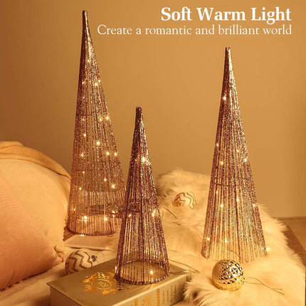 Lewondr Christmas Cone Trees, Set of 3 Christmas Tree with Lights and Glitters(24"/18"/12"), Battery Powered Decorative Straightened Thread Christmas Tree for Home Holiday Xmas Décor, Champagne Gold