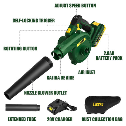 TECCPO Cordless Blower/Sweeper, 20V 2.0Ah Lithium Battery, Fast Charger, 145MPH, 18000RPM, Dust Bag, Electric Blower for Blowing Dust, Small Trash, Car, Computer Host, Hard-to-Clean Corner